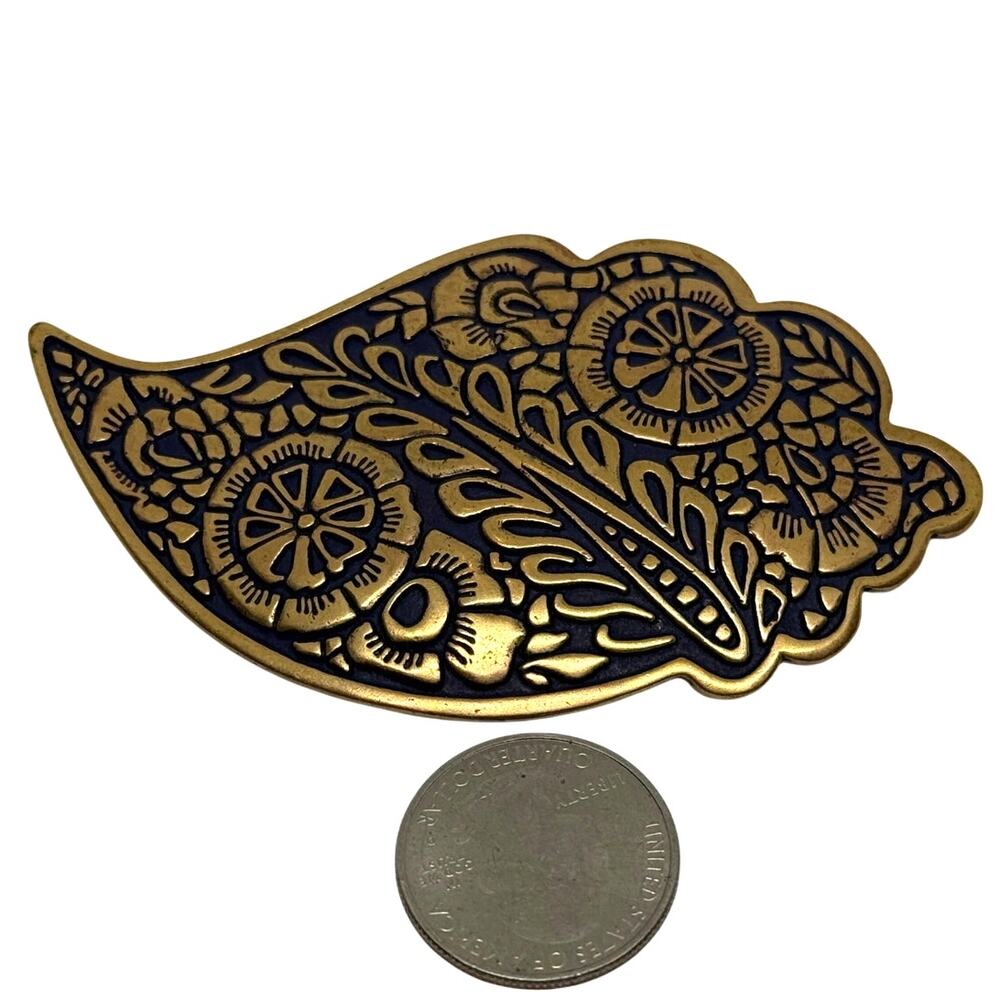 Copper Tone Floral Paisley Leaf Brooch Enamel Detail Mid Century 1950s Vintage